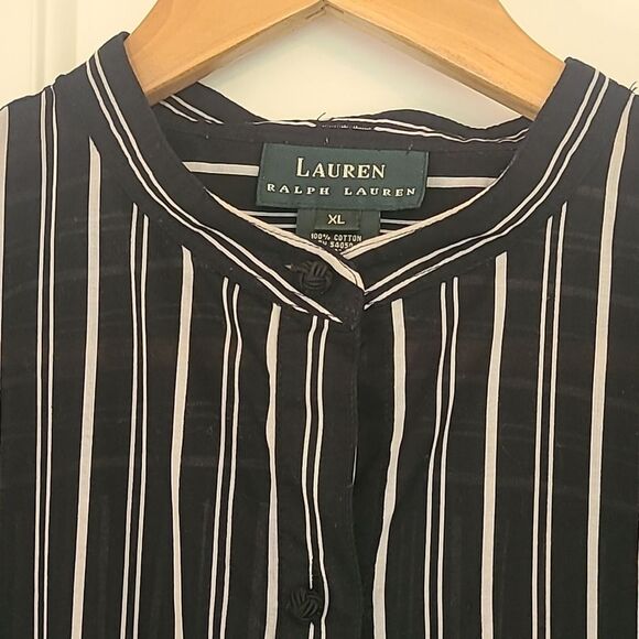 Lauren Ralph Lauren Shirt Top Striped Cotton Button Up Mandarin Collar Size XL - Picture 3 of 8